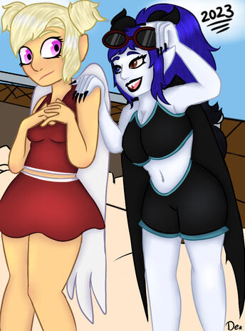 Two of my many Oc's Celest, and Midnight (Order of left to right) on a beach trip. I originally drew this in 2017, and decided to redraw it in 2023.